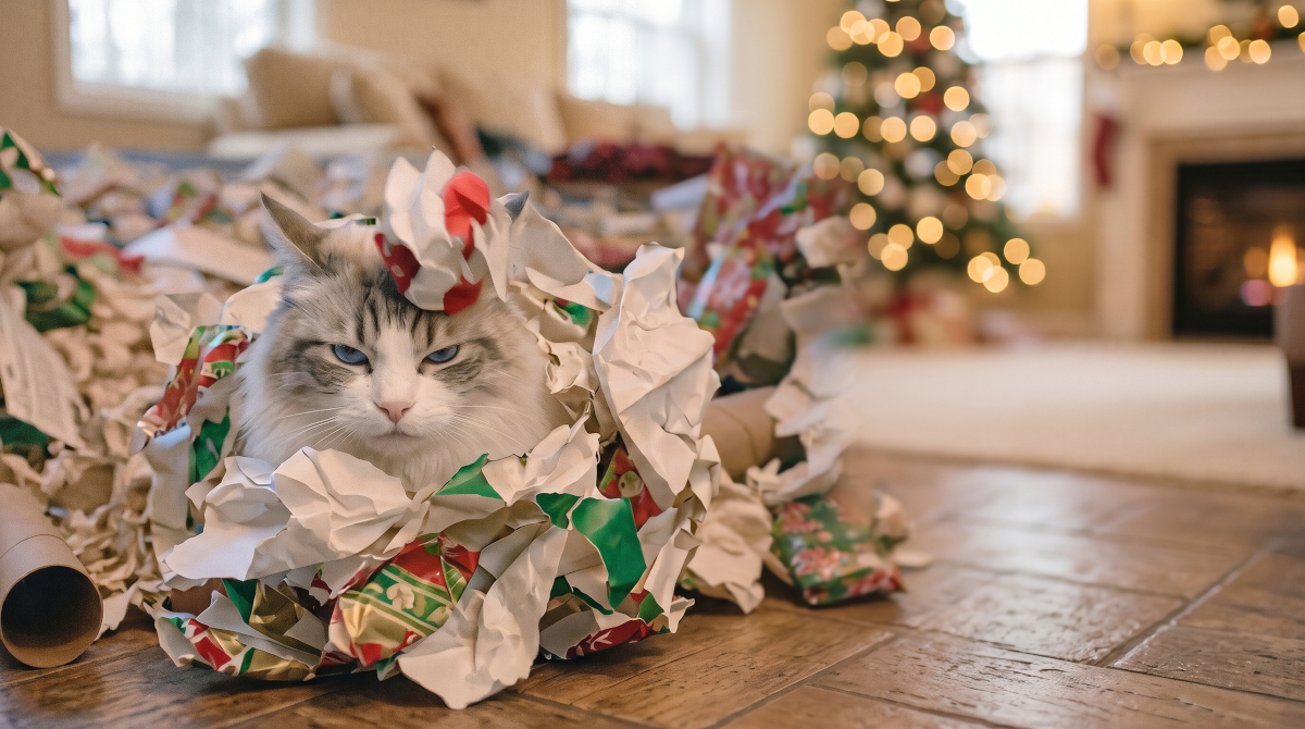 Gato entre papel de regalo arrugado junto al árbol de Navidad